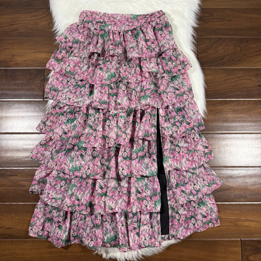 En Saison Women's Size Medium Floral Emerald Rose Tiered Ruffle Midi Skirt